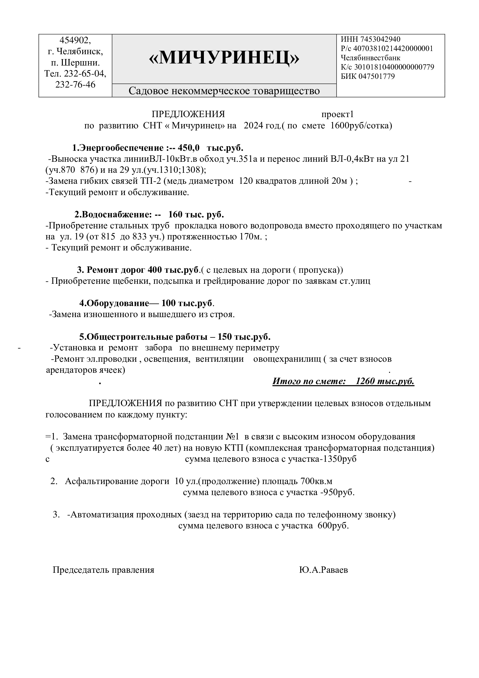 Проект предложения по развитию на 2024 г. | СНТ Мичуринец