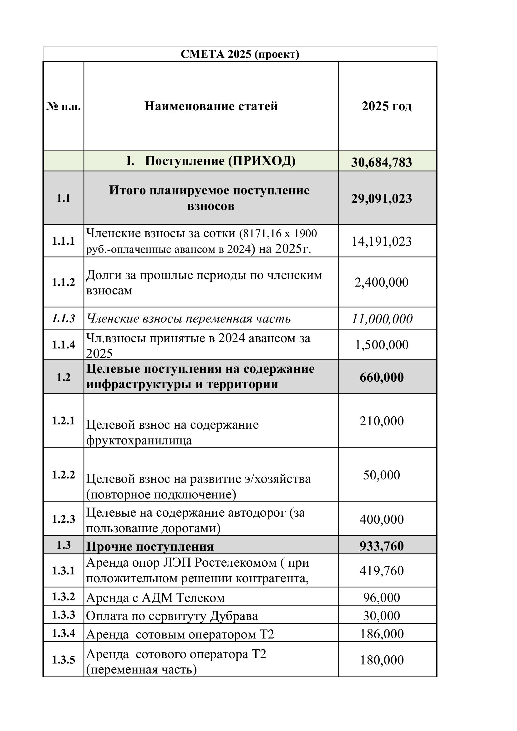 Проект сметы на 2025 год