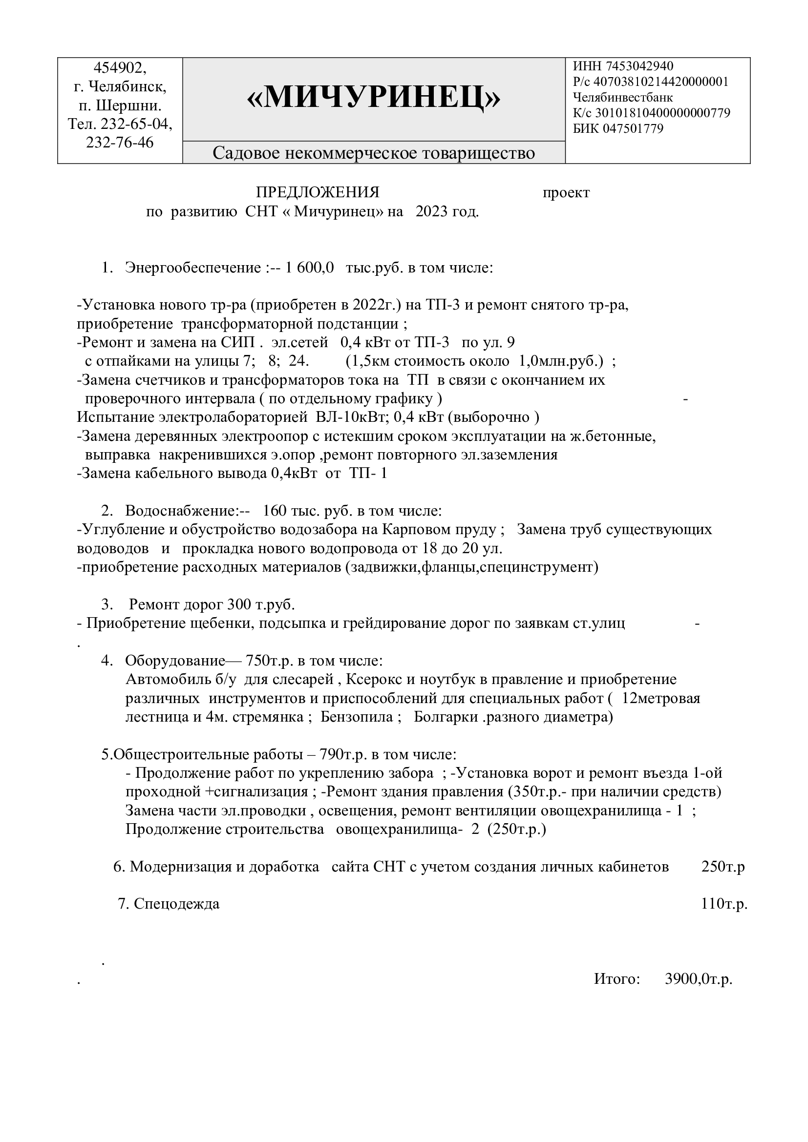 Проект предложения по развитию СНТ 2023 г.